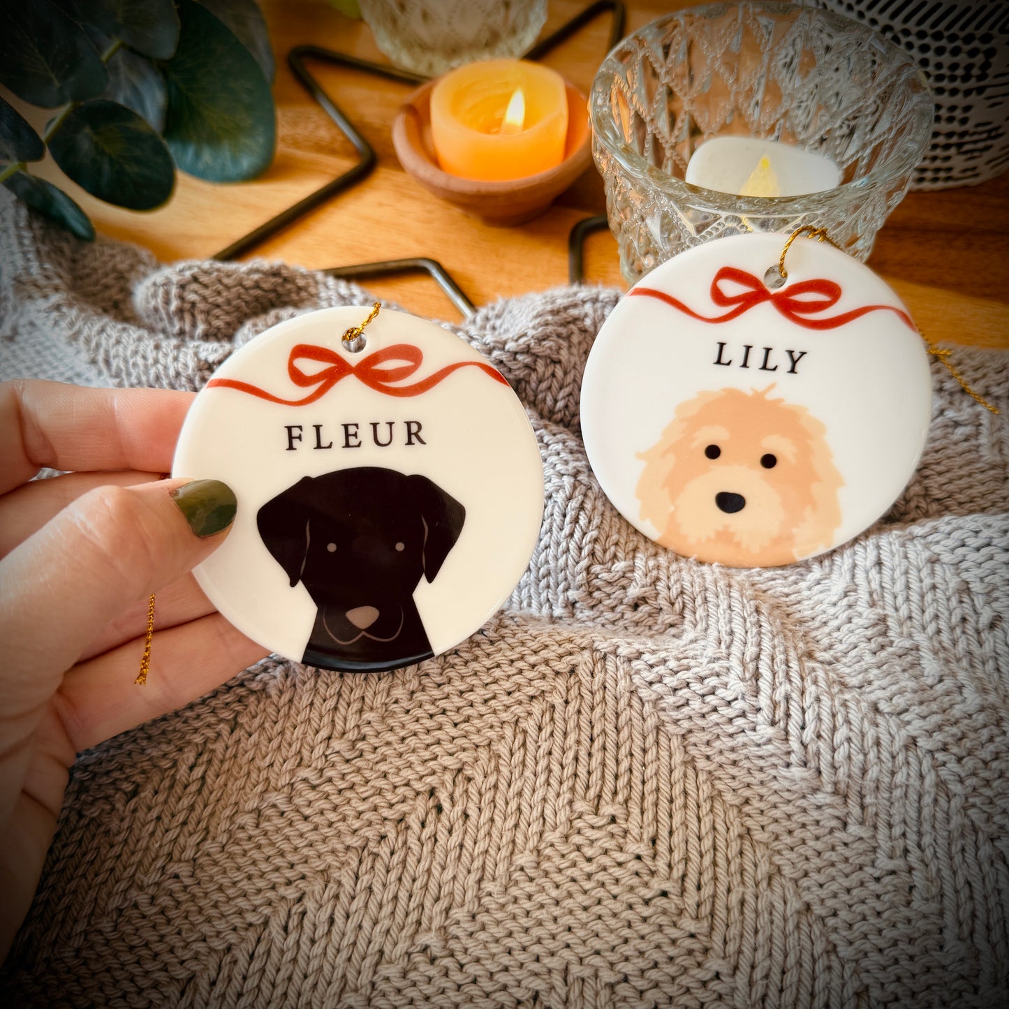 Personalised Christmas Dog And Bow Ceramic Tree Decoration