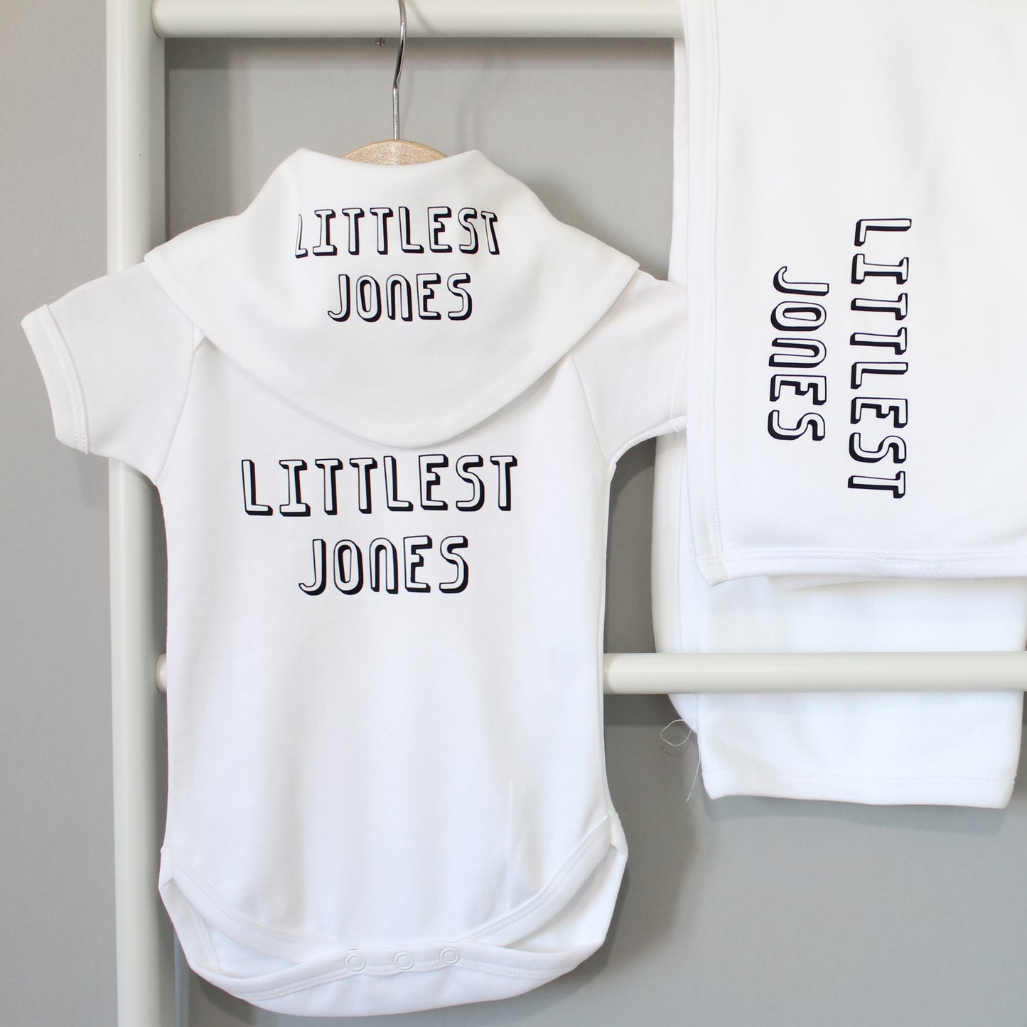 Personalised Littlest Surname Baby Grow or New Baby Gift Set