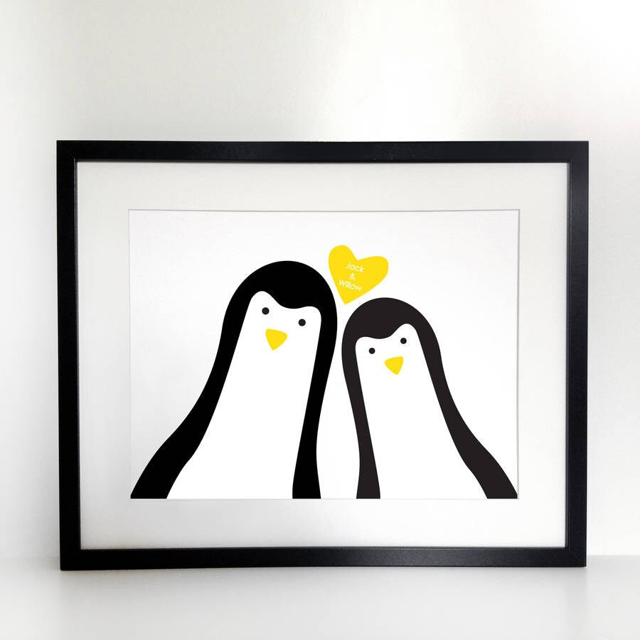 A3 Penguin Couple 'Selfie' Personalised Print