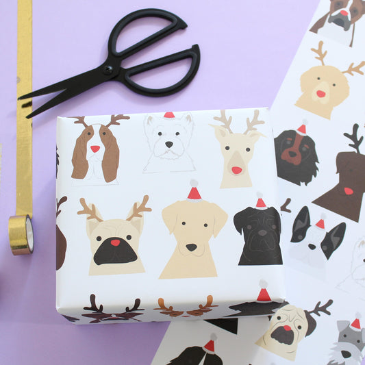 Christmas Dog wrapping paper - Santa and antlers (x 2 sheets)