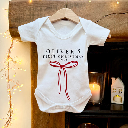 Personalised Baby's First Christmas Bow Baby Grow