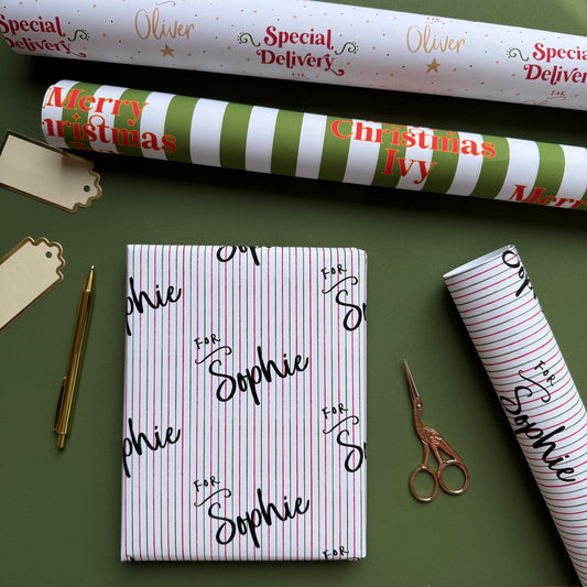 Personalised Name And Pin Stripe Christmas Paper