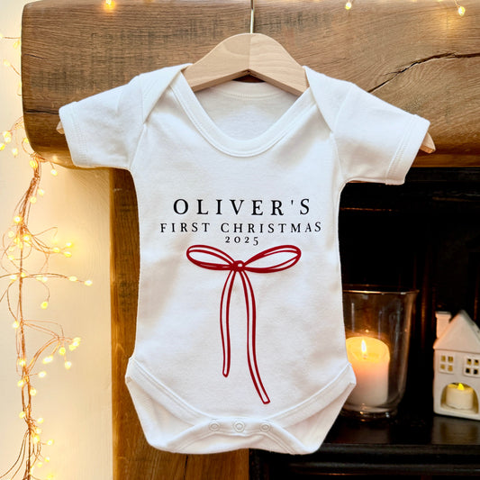 Personalised Baby's First Christmas Bow Baby Grow