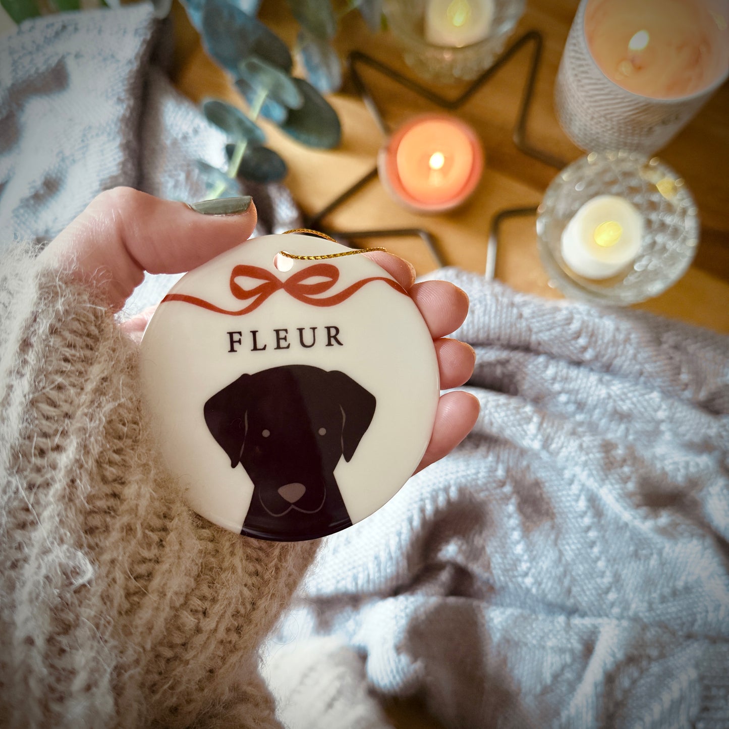 Personalised Christmas Dog And Bow Ceramic Tree Decoration