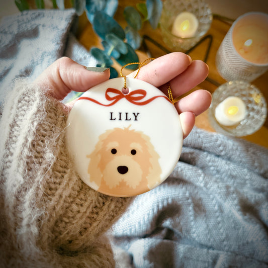 Personalised Christmas Dog And Bow Ceramic Tree Decoration