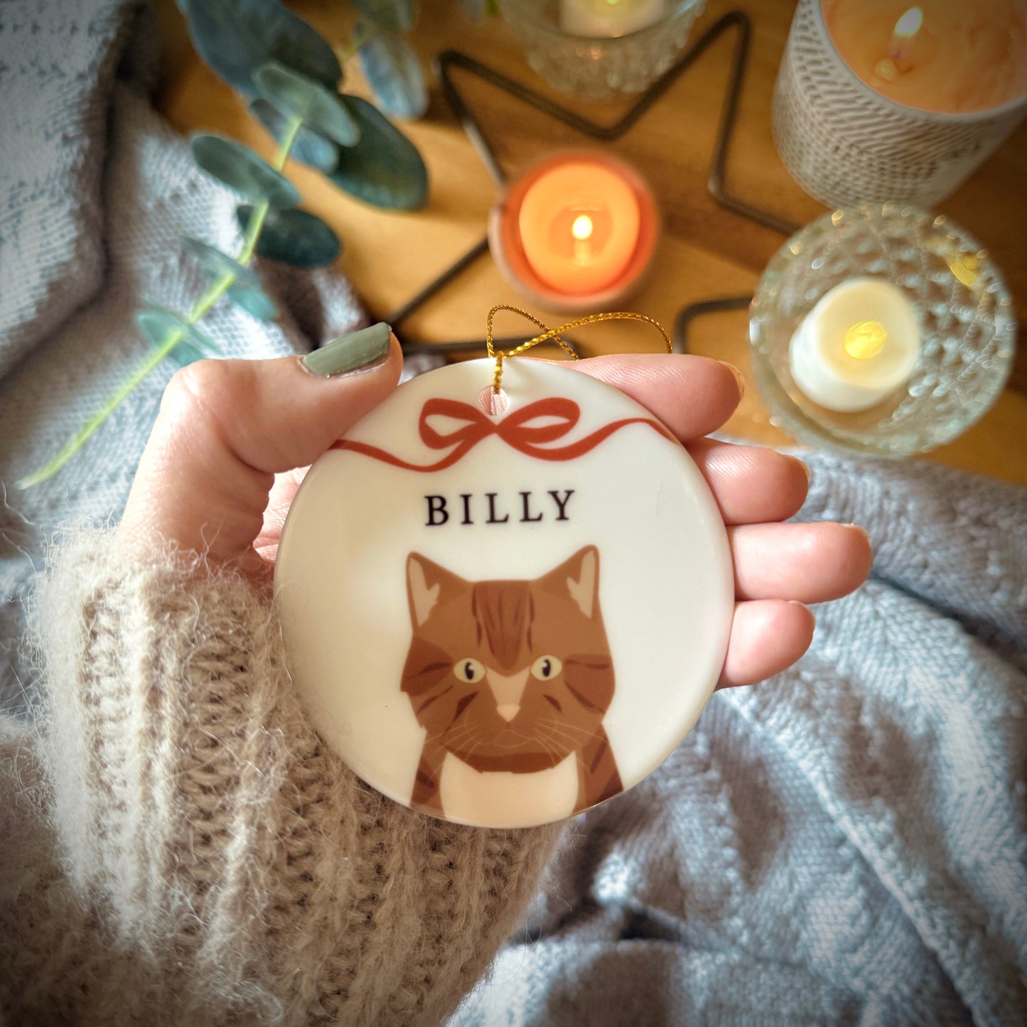 Personalised Christmas Cat And Bow Ceramic Tree Decoration