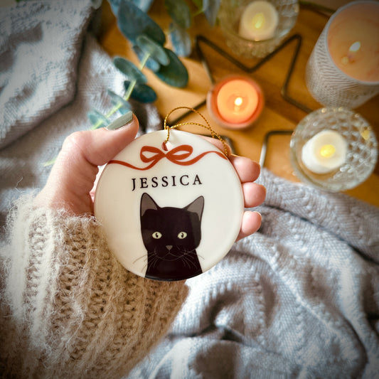 Personalised Christmas Cat And Bow Ceramic Tree Decoration