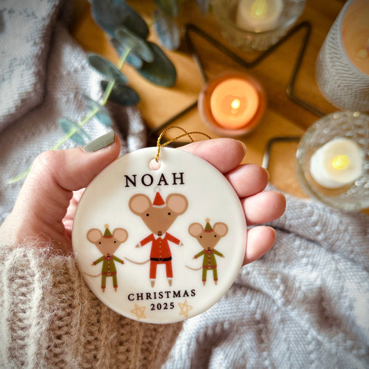 Personalised Santa And Elves Mouse Christmas Tree Decoration