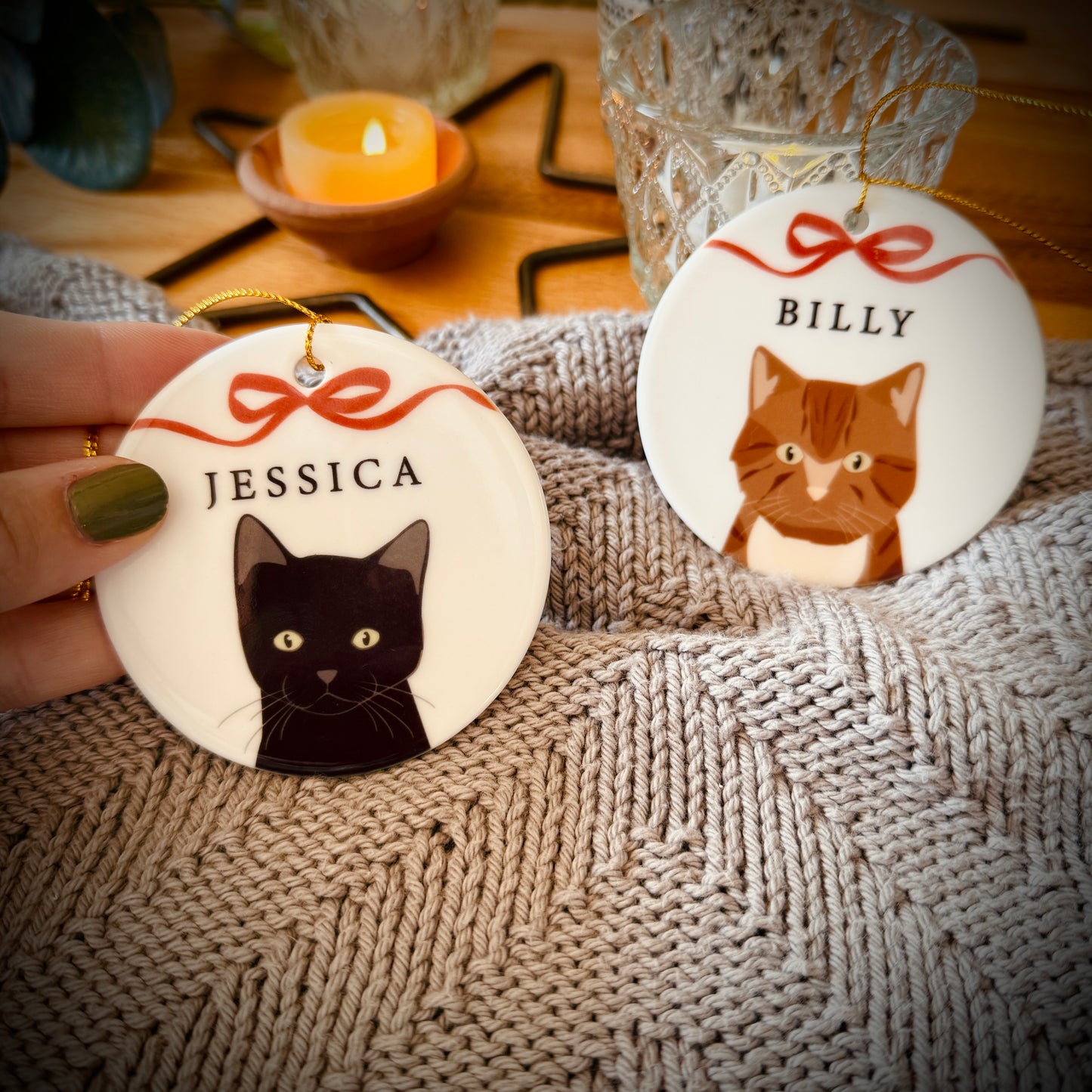 Personalised Christmas Cat And Bow Ceramic Tree Decoration