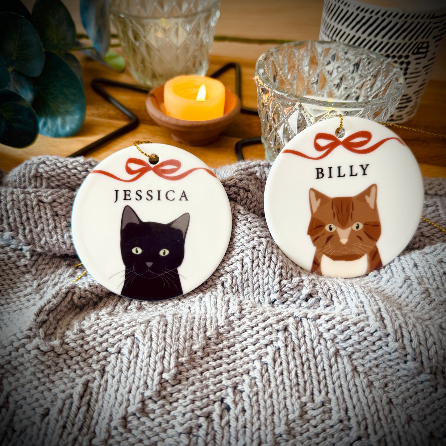 Personalised Christmas Cat And Bow Ceramic Tree Decoration