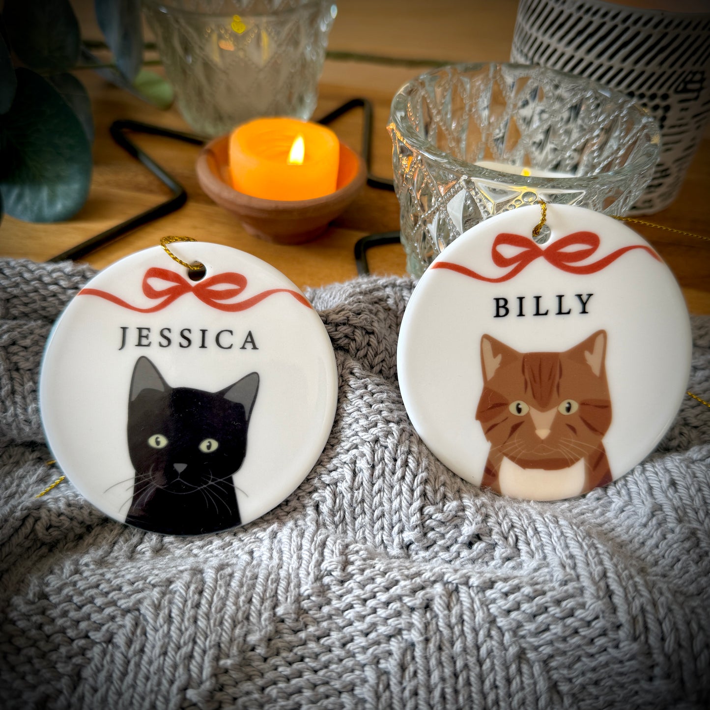 Personalised Christmas Cat And Bow Ceramic Tree Decoration