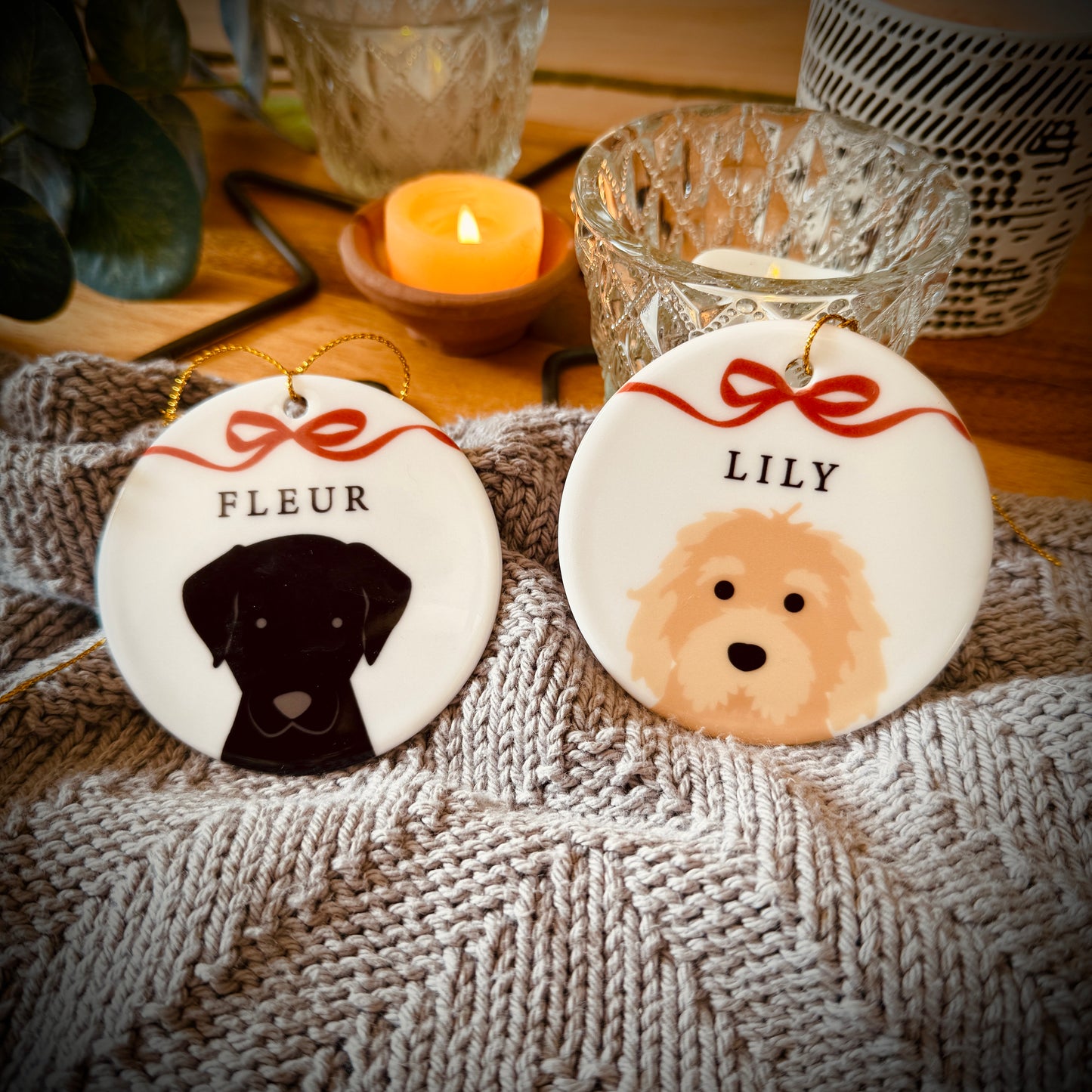 Personalised Christmas Dog And Bow Ceramic Tree Decoration