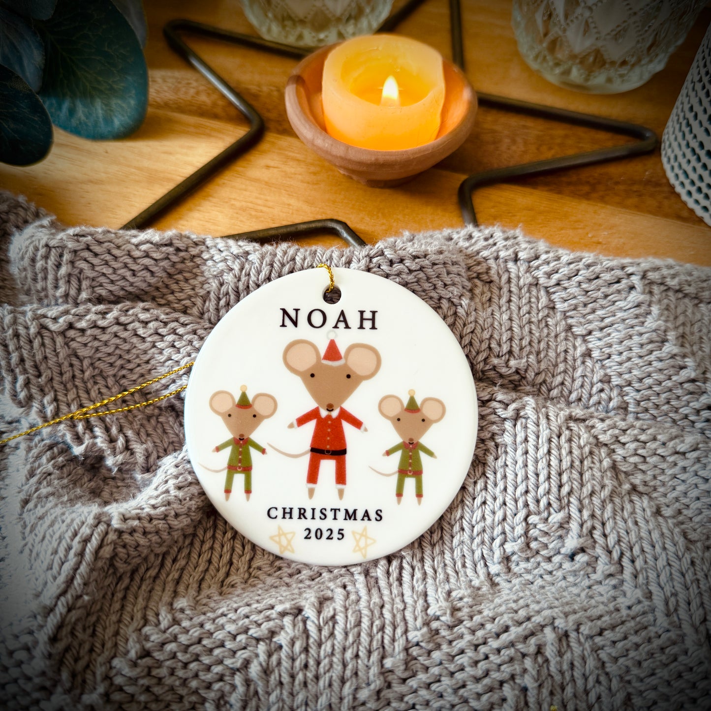 Personalised Santa And Elves Mouse Christmas Tree Decoration