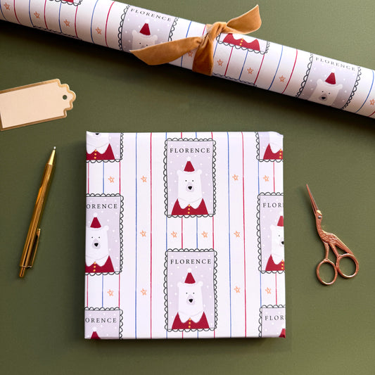 Personalised Christmas Santa Bear Stamp Wrapping Paper