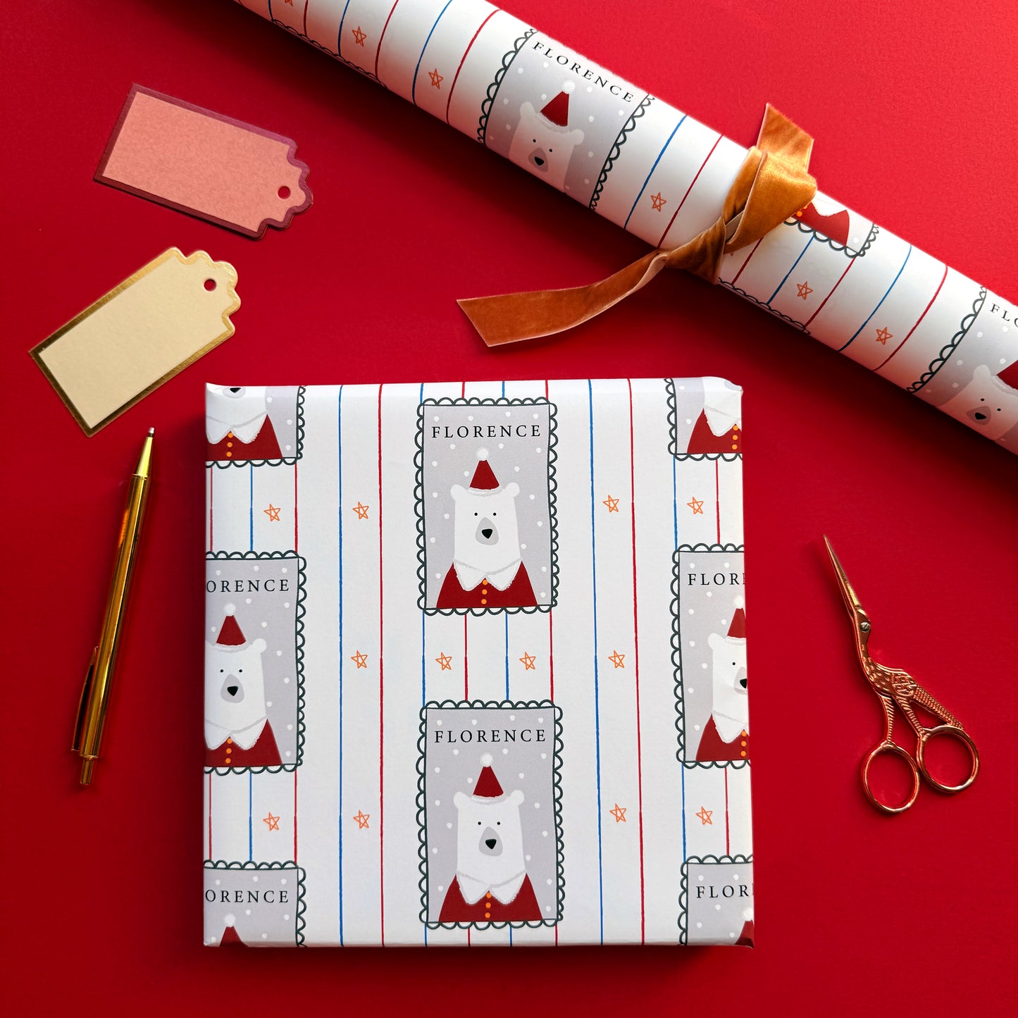 Personalised Christmas Santa Bear Stamp Wrapping Paper