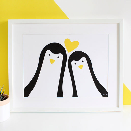 A3 Penguin Couple 'Selfie' Personalised Print