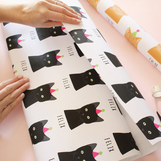 Personalised Cat Birthday Party Hat Wrapping Paper