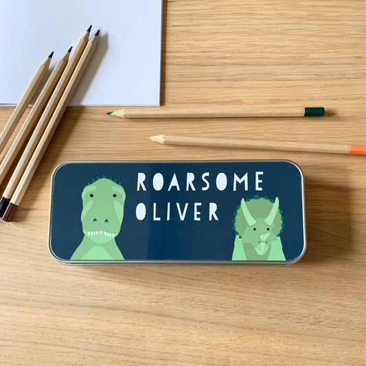 Personalised Roarsome Dinosaur, Tinned Pencil Case